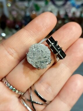 🪨⚒️ Trigon Black Tourmaline & Blue Amethyst Adjustable Specimen Ring